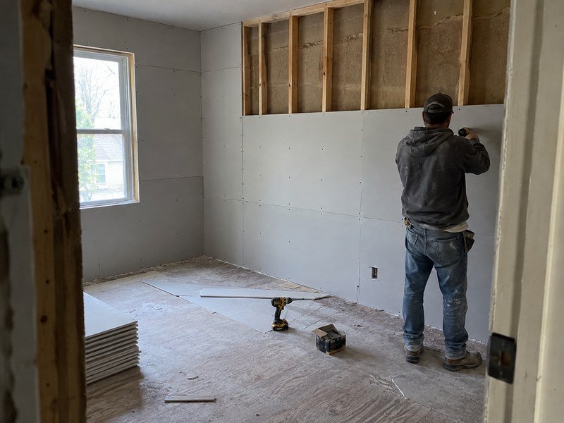 Drywall installation in progress with exposed studs, unfinished seams, and tools on the subfloor
